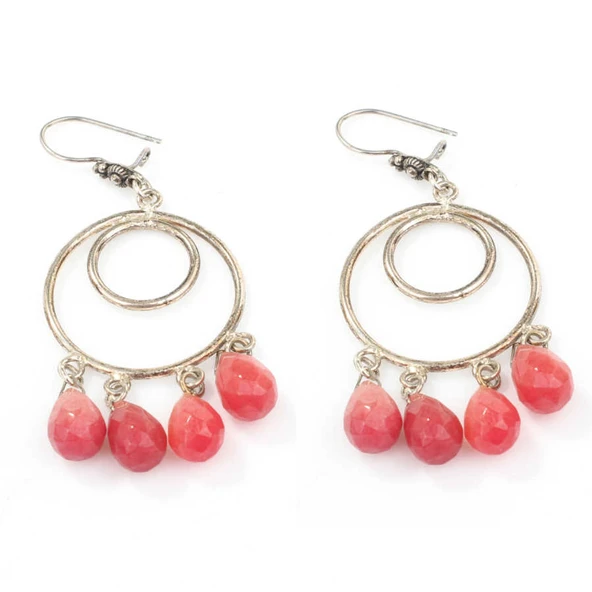 925 Ayar Gümüş Kırmızı Taşlı Çift Daire Telkari Küpe - Resim 2