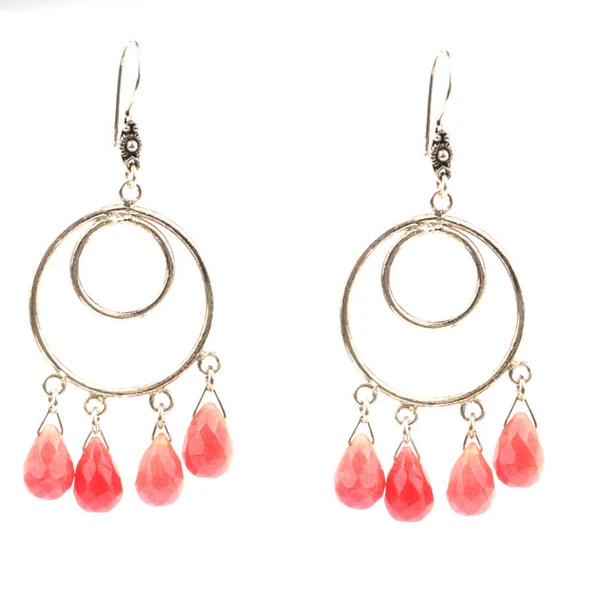 925 Ayar Gümüş Kırmızı Taşlı Çift Daire Telkari Küpe - Resim 3