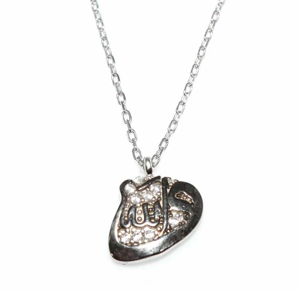 925 Ayar Gümüş Vav Allah Yazılı Kolye, Beyaz Siyah - Beyaz Taş - Resim 3