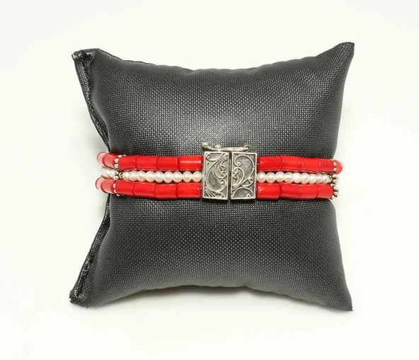 925 Ayar Gümüş Mercan ve İnci Bileklik - Resim 2