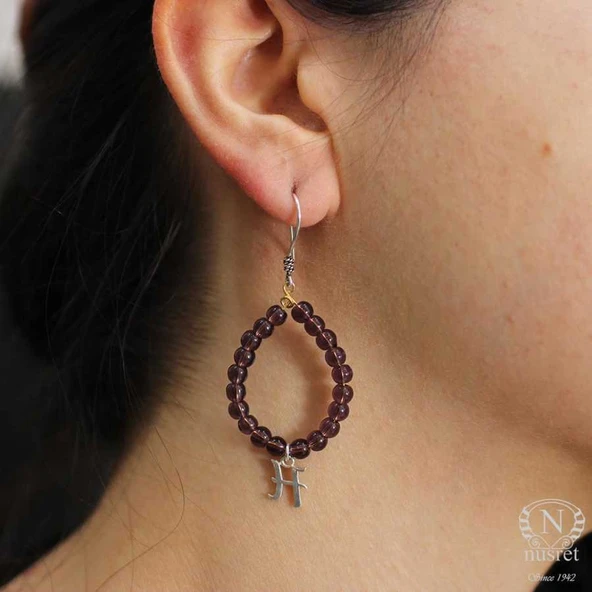 925 Ayar Gümüş Ametist Taşlı Harf Küpe - Resim 5