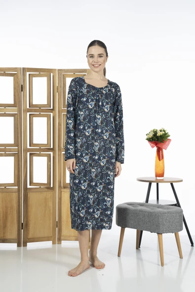 Estiva 23245-2 Kare Yaka Uzun Kollu Desenli Likra Viskon Günlük Elbise - 5