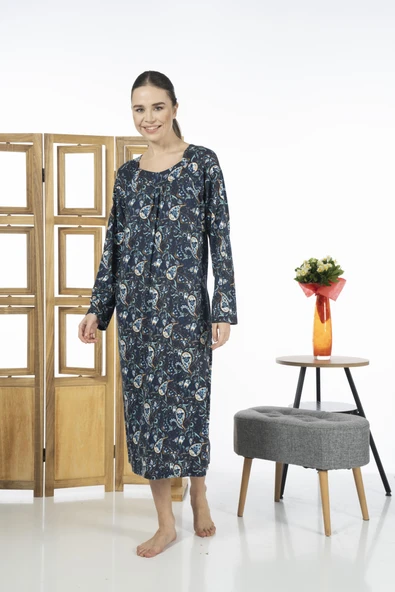 Estiva 23245-2 Kare Yaka Uzun Kollu Desenli Likra Viskon Günlük Elbise - 4