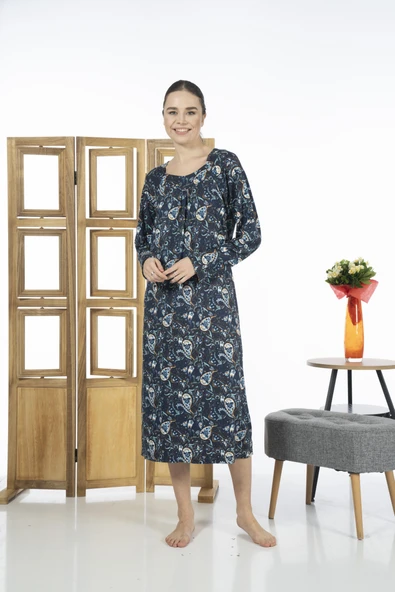 Estiva 23245-2 Kare Yaka Uzun Kollu Desenli Likra Viskon Günlük Elbise - 2