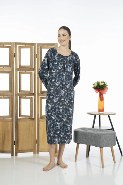 Estiva 23245-2 Kare Yaka Uzun Kollu Desenli Likra Viskon Günlük Elbise - 3