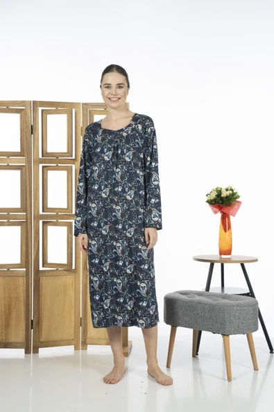 Estiva 23245-2 Kare Yaka Uzun Kollu Desenli Likra Viskon Günlük Elbise - 7