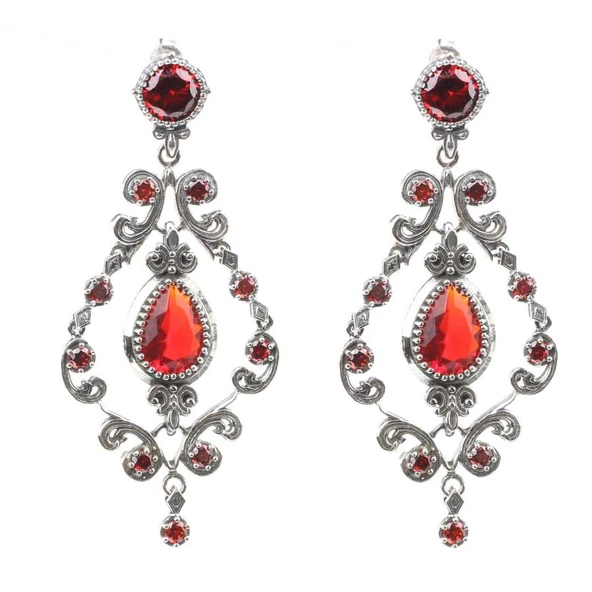 925 Ayar Gümüş Garnet Taşlı Antik Avize Küpe - Resim 2