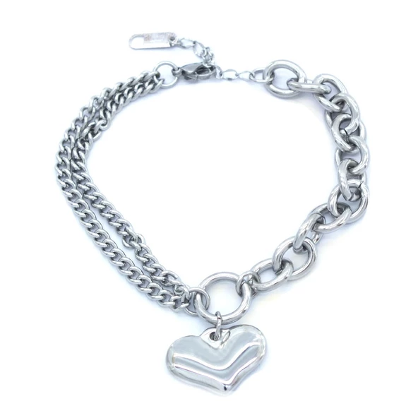 316L Çelik Büyük Kalp Detaylı Kadın Zincir Bileklik BLK-723 - Resim 2