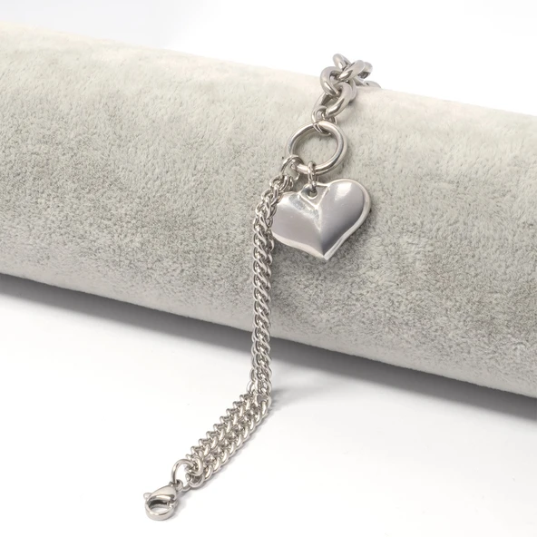 316L Çelik Büyük Kalp Detaylı Kadın Zincir Bileklik BLK-723 ürün görseli