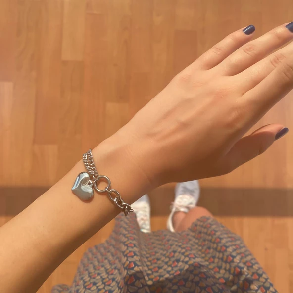 316L Çelik Büyük Kalp Detaylı Kadın Zincir Bileklik BLK-723 - Resim 3