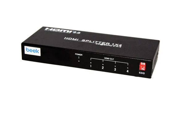 Beek 4 Port 4K HDMI Video Çoklayıcı, 3810 x 2160 (4K) ve 1920 x 1080 (Full HD) piksel çözünürlük, HDMI 2.0, HDCP 2.3, metal şasi, siyah renk<br>Beek 4K HDMI Spliter 4 Ports, UHD 4K@60Hz (4:4:4) HDR 1.8Gbps, HDMI 2.0, HDCP 2.3