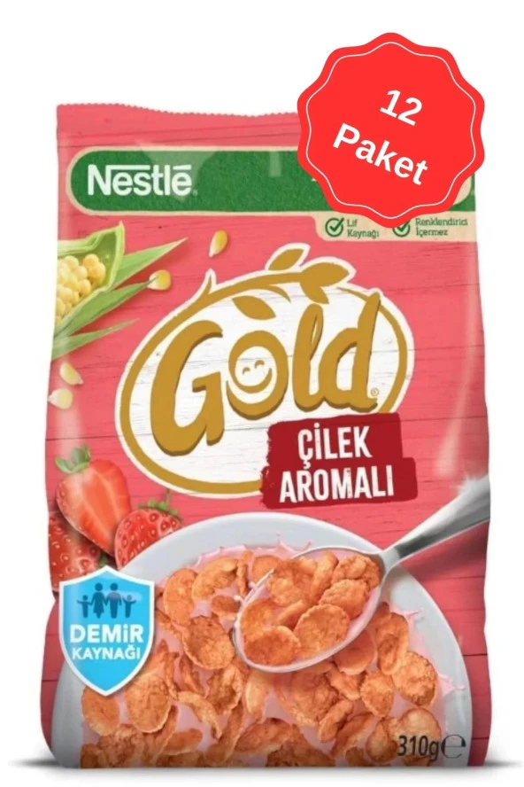 Nestle Gold Corn Flakes Çilekli Mısır Gevreği 310G x 12 Paket