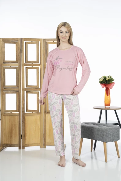 Estiva 24119 Kadın Yaprak Desenli Uzun Kollu Yazlık Viskon Pijama Takımı - 9