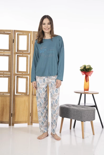 Estiva 24119 Kadın Yaprak Desenli Uzun Kollu Yazlık Viskon Pijama Takımı - 6