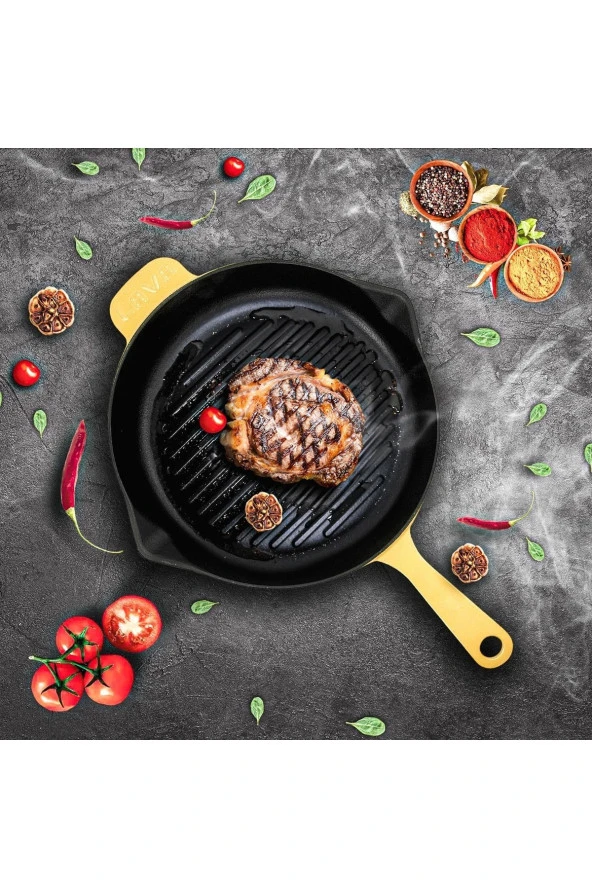 Demir Döküm Spring Özel Seri Izgara Tava, Metal Saplı Çap (ø)28cm, Parlak Siyah Taban, Mat Sarı - 4