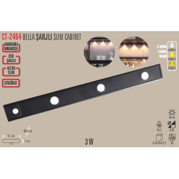 Cata 3 Watt Ledli Bella Slim Cabinet USB Şarjlı Sensörlü 3 Renk Işık Armatür CT-2464