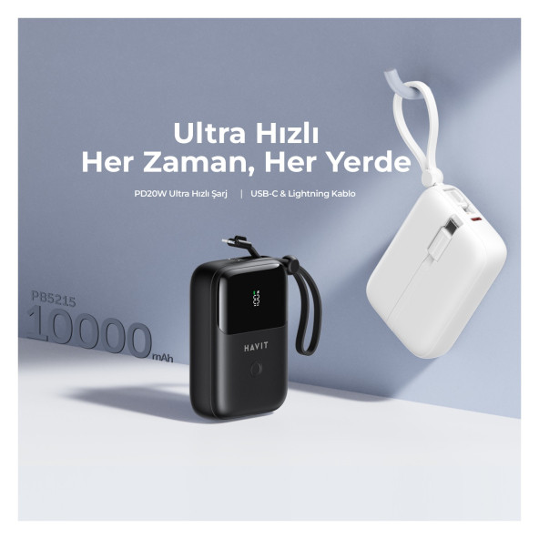 Havit PB5215 Type-C ve Lightning Kablo 10.000 Mah LED Göstegeli Powerbank Siyah - Resim 3