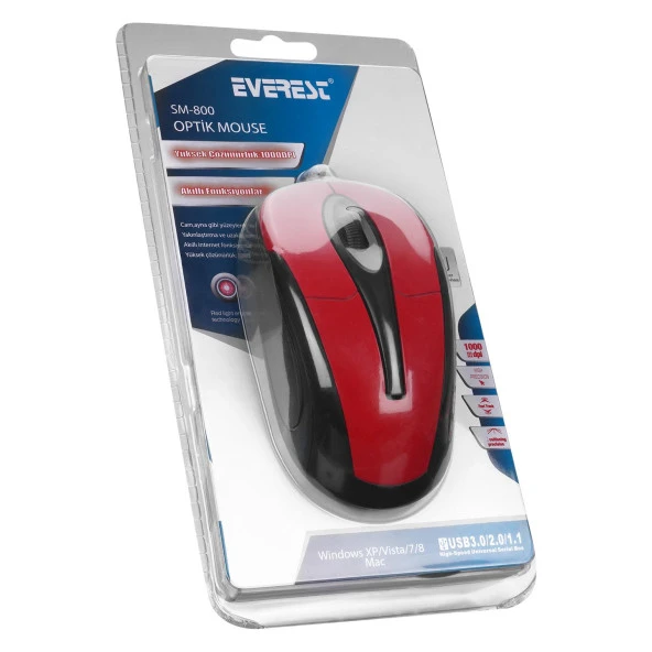 Everest Usb Kablolu Siyah-Kırmızı Mouse 1000 Dpi Kablolu Mouse - 6