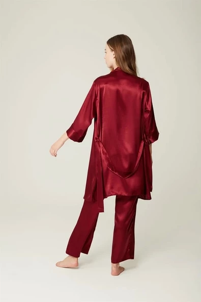 Saten Büstiyer Sabahlık Pantolon Felicia 3'lü Takım Bordo - 5