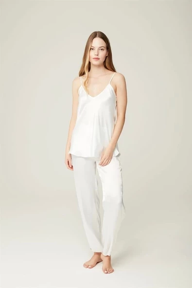 Saten Büstiyer Pantolon Jennifer 2'li Set Ekru