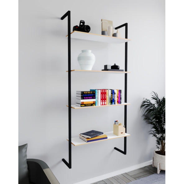 Eportatif Duvar Rafı Metal Kitaplık Mobilya 4 Katlı Beyaz  1351 - 2