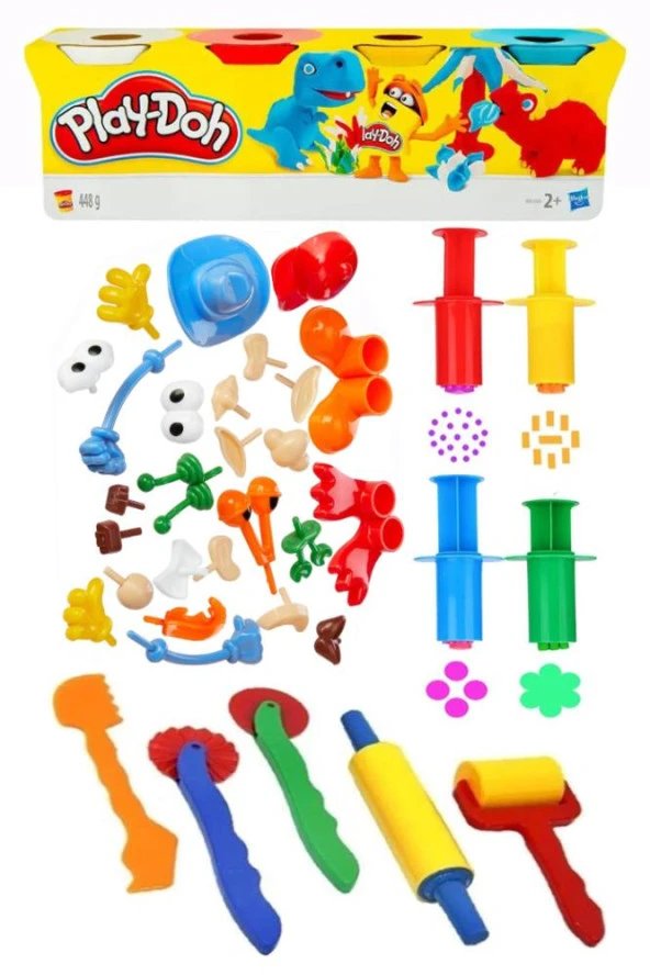 Oyun Hamuru 4 Renk Play-Doh Oyuncak Merdane Silindir Kesici Şekiller Kalıp Enjektör Seti 1 Paket Okul Öncesi Kreş Anasınıfı Etkinlik