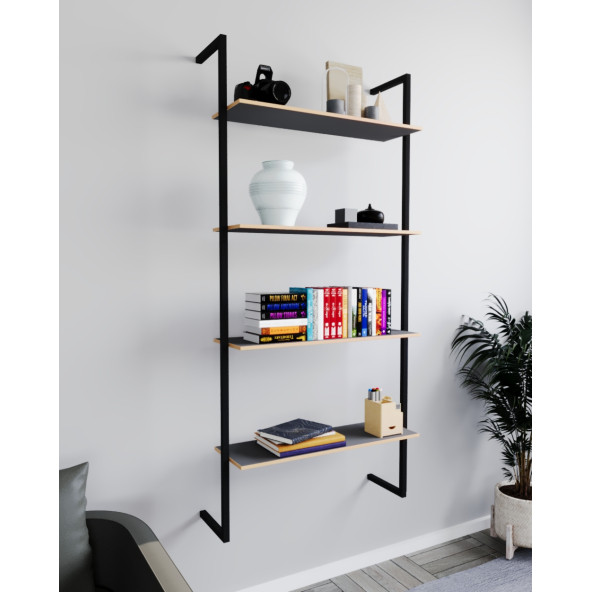 Eportatif Duvar Rafı Metal Kitaplık Mobilya 4 Katlı Füme 1352 - 2