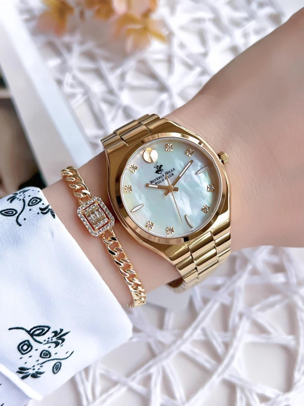 Beverly Hills Polo Gold Çelik Kasa&Kordon Kararma Renk Atmaz Kadın Kol Saati+Bileklik 3385C.120 - Resim 2