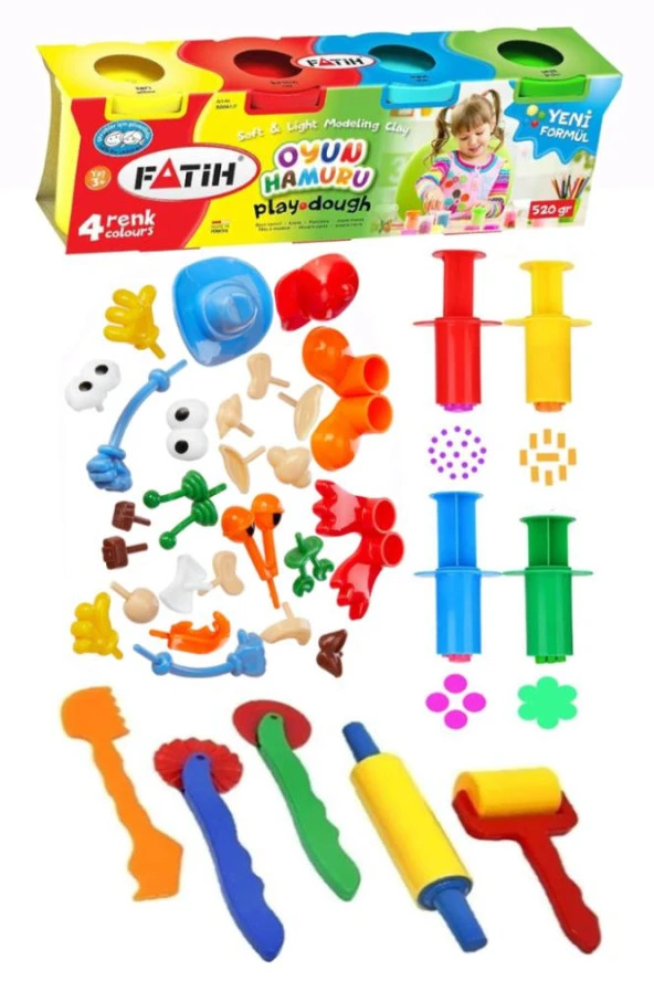 Oyun Hamuru 4 Renk Fatih Oyuncak Merdane Silindir Kesici Şekiller Kalıp Enjektör Seti 1 Paket Okul Öncesi Kreş Anasınıfı Etkinlik