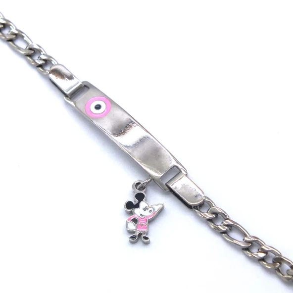 Bebek Bileklik Çelik Pembe Nazar Boncuklu Mickey Mouse BLK-963 - Resim 3