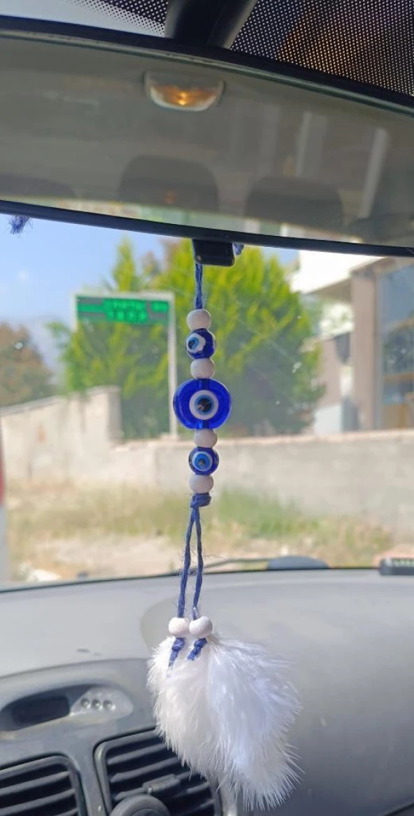 Mavi Kuş Tüylü Nazar Boncuklu Dikiz Ayna Süsü Kötü Göz Kovucu Araba Süsü ürün görseli