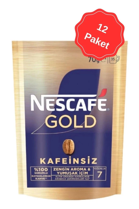 Nescafe Gold Decaf Kafeinsiz Çözünebilir Kahve 70G x 12 Adet