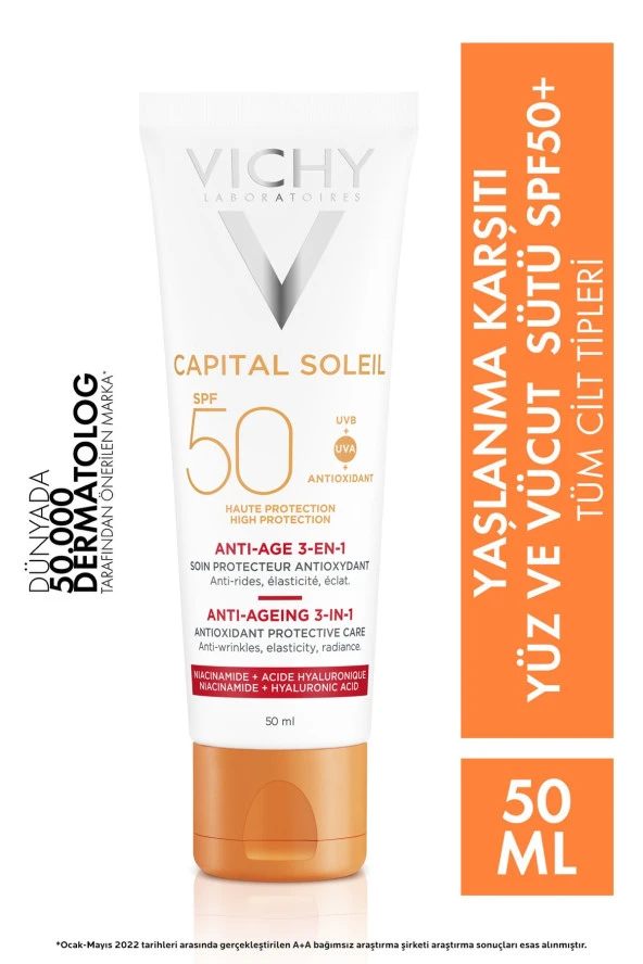 Vichy Capital Soleil Yüksek Korumalı 3ü1 Arada Yaşlanma Karşıtı Yüz Güneş Kremi Spf 50 (UVA UVB) 50 ml