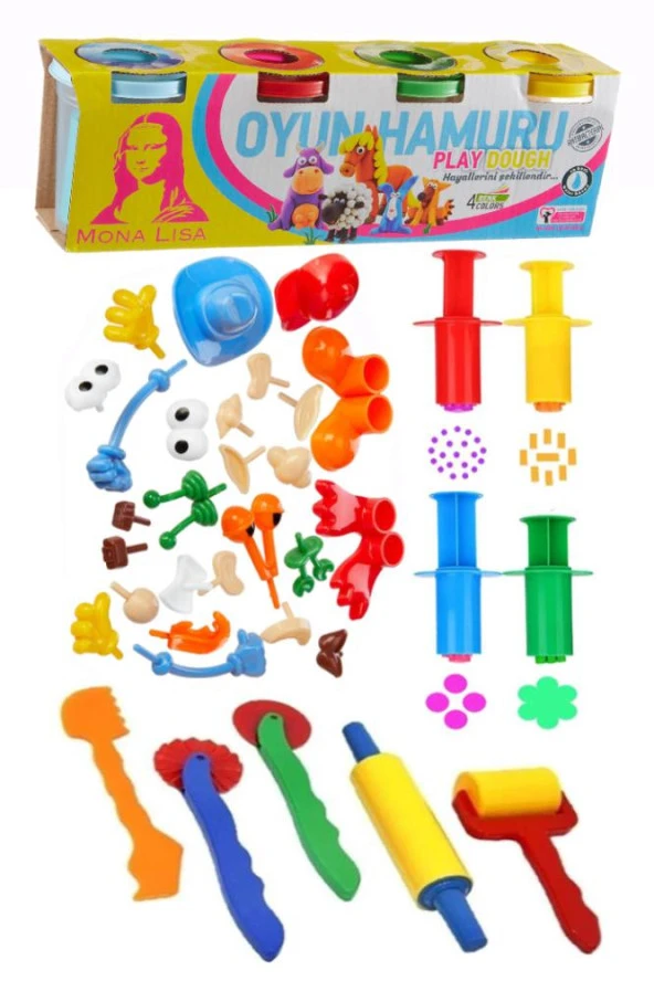 Oyun Hamuru 4 Renk Monalisa Oyuncak Merdane Silindir Kesici Şekiller Kalıp Enjektör Seti 1 Paket Okul Öncesi Kreş Anasınıfı Etkinlik