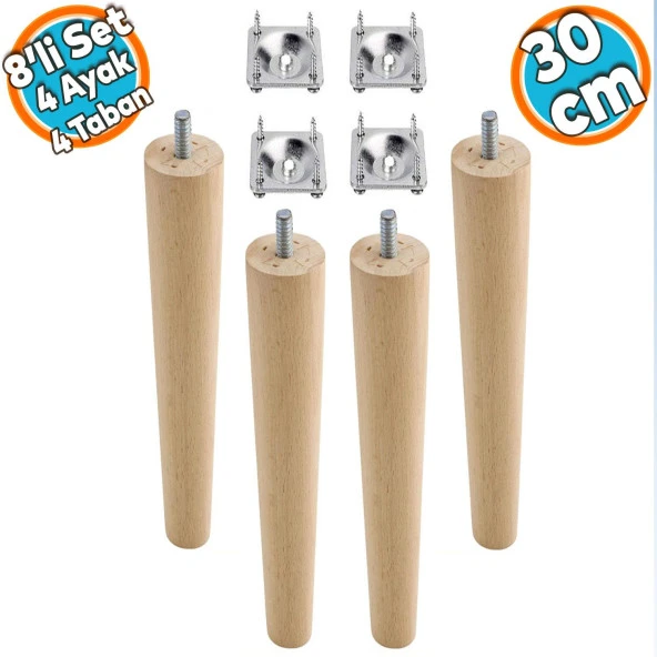 Ahşap Mobilya Koltuk Kanepe Sehpa Masa Ayağı Ayakları M8 Civatalı 30 cm + Bağlantı Aparatlı 8'li Set