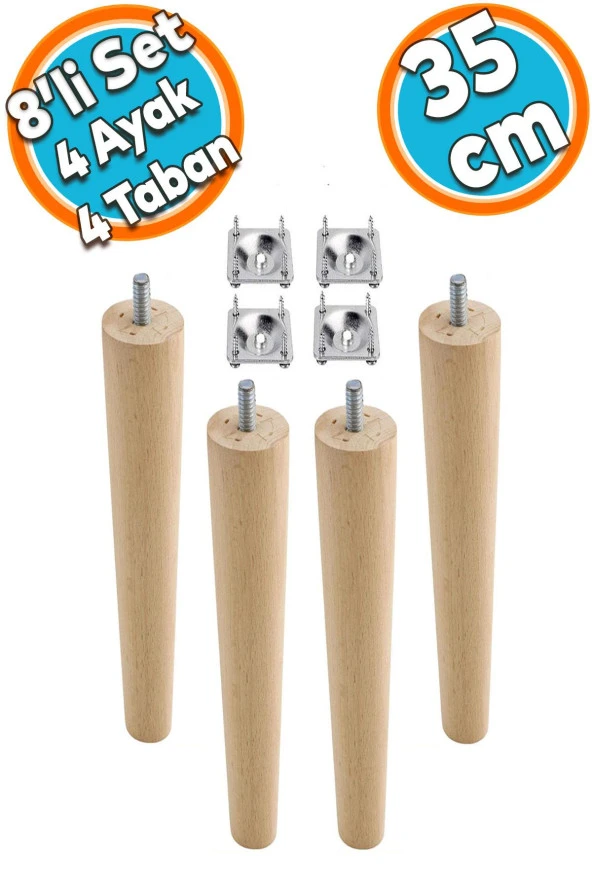 Ahşap Mobilya Koltuk Kanepe Sehpa Masa Ayağı Ayakları M8 Civatalı 35 cm + Bağlantı Aparatlı 8'li Set