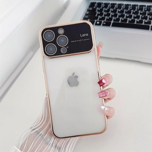İphone 15 PRO Kamera Lens Korumalı Kenarı Renkli Luxury Şeffaf Kılıf ALTIN - 2