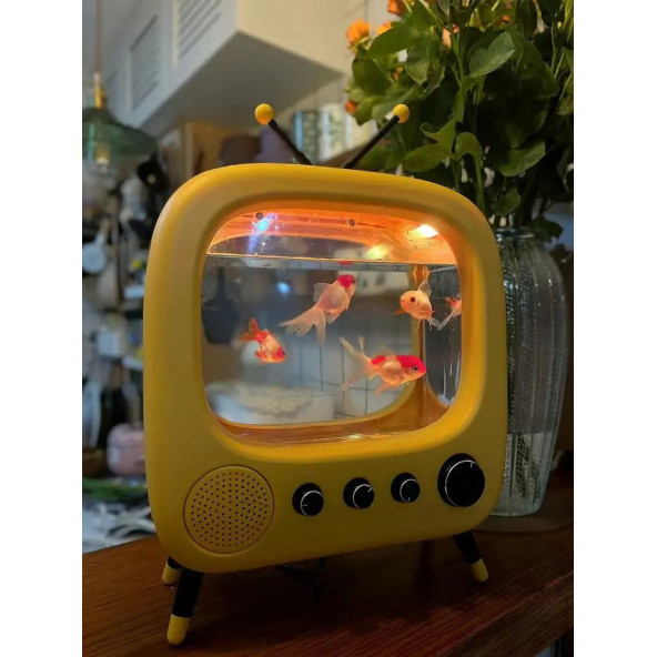 TechTic Tv Şekilli Işıklı Mini Akvaryum Beta Balık Tankı Led Aydınlatma Termostatik Isıtma Vintage
