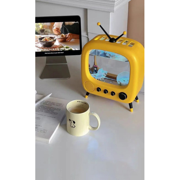 TechTic Tv Şekilli Işıklı Mini Akvaryum Beta Balık Tankı Led Aydınlatma Termostatik Isıtma Vintage - Resim 3