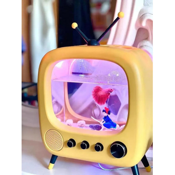 TechTic Tv Şekilli Işıklı Mini Akvaryum Beta Balık Tankı Led Aydınlatma Termostatik Isıtma Vintage - Resim 6