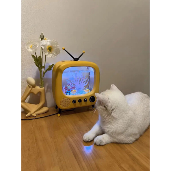 TechTic Tv Şekilli Işıklı Mini Akvaryum Beta Balık Tankı Led Aydınlatma Termostatik Isıtma Vintage - Resim 7