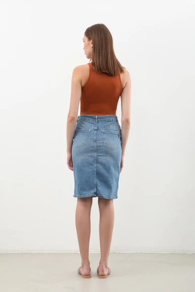 Kadın Yırtmaç Detaylı Mini Jean Etek - 6