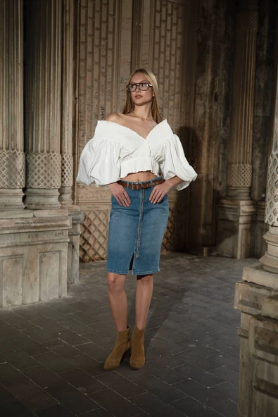 Kadın Yırtmaç Detaylı Mini Jean Etek - 2