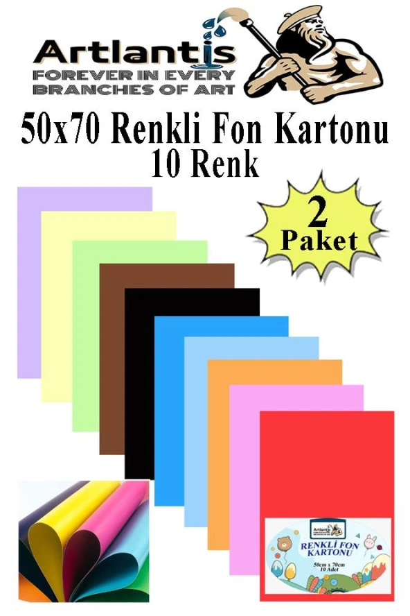 Fon Kartonu 10 Lu 50x70 Cm 2 Paket Arlantis 10 Renk Fon Kartonu 50*70 Okul Sınıf Kreş Anasınıfı