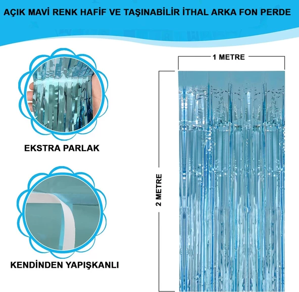 Açık Mavi Renk Ekstra Metalize Parlak Saçaklı Arka Fon Perde İthal A Kalite 1x2 Metre ürün görseli 1