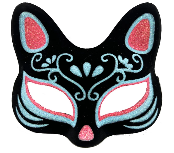 Siyah Renk Süet Kaplama Üzeri Mavi Kırmızı Simli Kedi Maskesi 17x14 cm ürün görseli 1