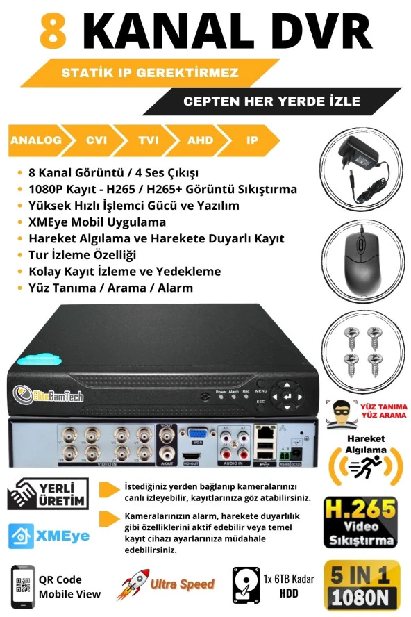 EliteCamTech 8 Kameralı Metal Panda Kasa Sony Lensli 1080P Full HD Gece Görüşlü Kamera Seti 500GB Hard Disk -8P