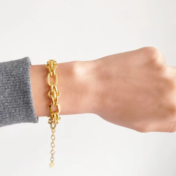 22 Ayar Altın Kaplama Işıltılı Zincir Kadın Bileklik BLK-426 - Resim 3