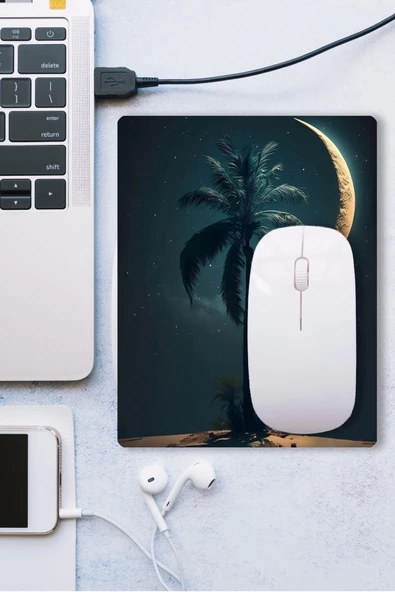 SonicTouch Gece Mavisi Ay ve Palmiye Desenli Kaydırmaz Gaming Oyuncu Dikişsiz Mouse Pad/Ped 17x21cm - 3