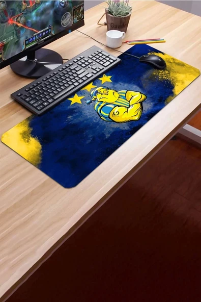 SonicTouch Sarı Lacivert Yıldız Kanaryalı Kaymaz Gaming Oyuncu Masaüstü Dikişsiz Siyah Klavye Mouse Pad 32x70Cm - 3